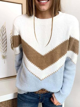 Women Geometric Casual Winter Long sleeve Crew Neck Cotton-Blend Sweater