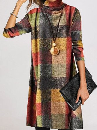 Vintage Plaid Long Sleeve Turtleneck Casual Knitting Tunic Dress