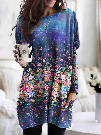 Floral Casual Cotton-Blend Crew Neck Tunic Top