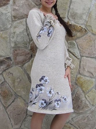 Crew Neck Floral-Print Long Sleeve Casual Knitting Dress