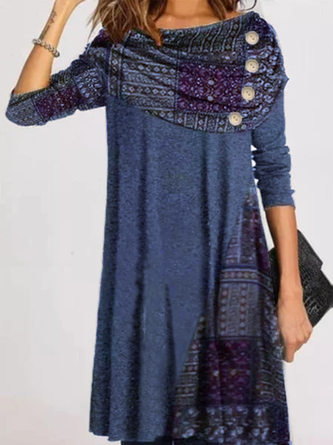 Cotton Round Neck Long Sleeve Knitting Tunic Dress