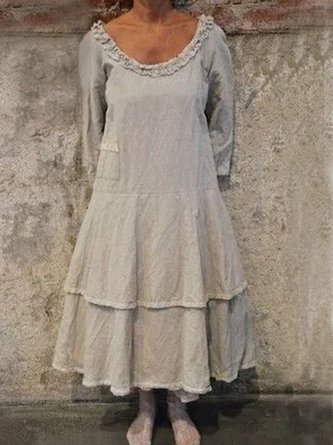 Plus Size Plain Cotton-Blend Vintage Long Sleeve Weaving Dress