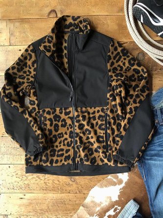 Vintage Leopard Printed Paneled Long Sleeve Zipper Statement Casual Outwear