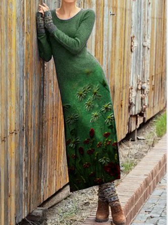 Floral-Print Vintage Crew Neck Cotton-Blend Knitting Dress