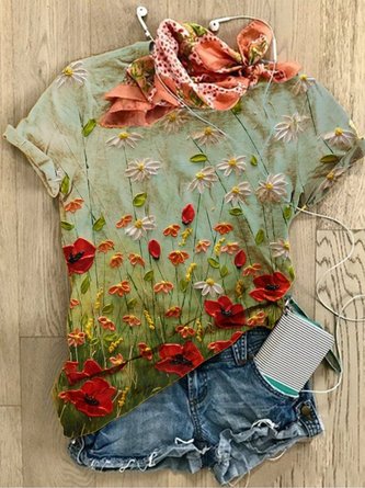New Women Chic Plus Size Vintage Floral Comfortable Short Sleeve Retro T-shirt