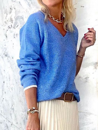 Solid Casual V Neck Sweater