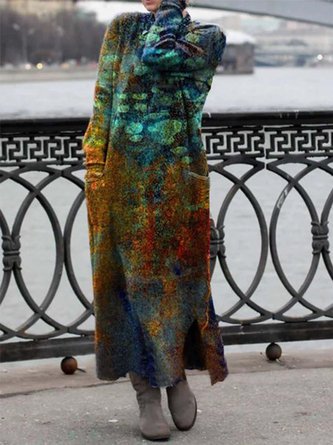 Abstract Floral-Print Crew Neck Long Sleeve Knitting Dress