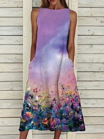 Floral Elegant Sleeveless A-Line Cotton-Blend Dress
