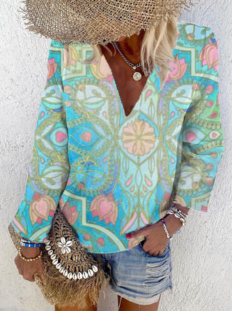 Plus size Long Sleeve Hippie Printed Tops