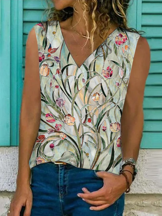Loose Floral V Neck Casual Tunic Tank & Cami