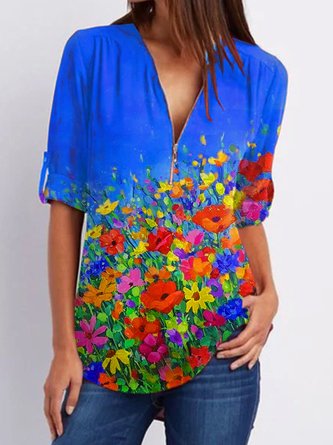 Floral  Short Sleeve  Printed  Polyester  V neck Casual  Summer  Blue Shirt