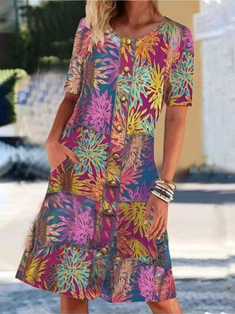 New Women Chic Plus Size Vintage Holiday Boho Floral Hippie Short Sleeve Holiday V Neck Weaving Dress