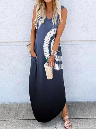 Blue Ombre/Tie-Dye Printed V Neck Shift Casual Holiday Daily Sleeveless Knitting Dress