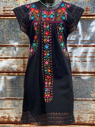 Floral Short Sleeve Vintage Crew Neck Weaving Dress