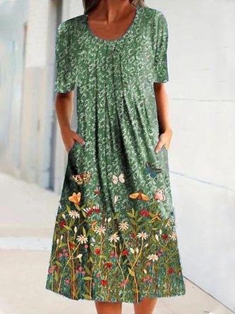 Vintage Boho Short Sleeve Shift Floral Casual Weaving Dress