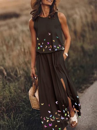 New Women Chic Plus Size Vintage Boho  Holiday Shift Casual Butterfly Sleeveless Weaving Dress