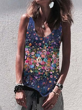 Floral-print Cotton-Blend Sleeveless Casual Shirts & Tops