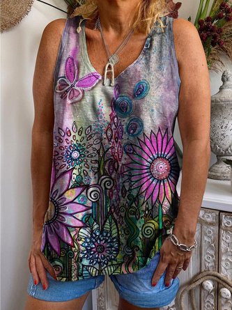 Casual Sleeveless Round Neck Plus Size Printed Tops