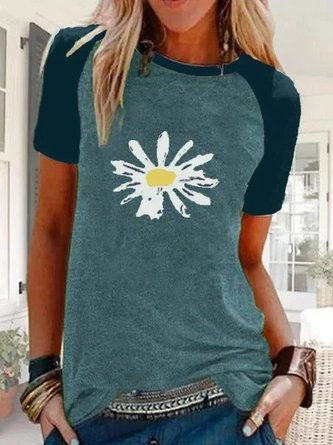 Floral-Print Short Sleeve Cotton-Blend Casual T-shirt