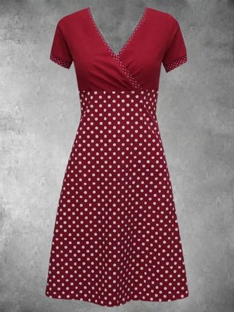 Vintage Short Sleeve Polka Dots Casual V Neck Knitting Dress