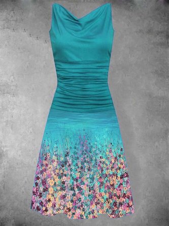 Blue Floral Printed Cowl Neck Daily Casual Sleeveless Dress