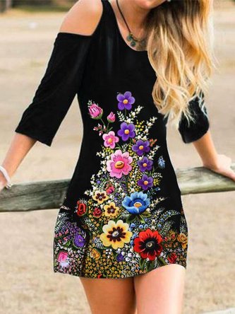 Cotton-Blend Off Shoulder Cold Shoulder Floral Knitting Dress