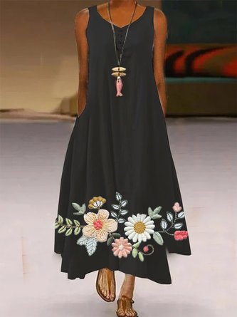 Floral  Sleeveless  Printed  Cotton-blend  Crew Neck  Vintage  Summer  Black Dress