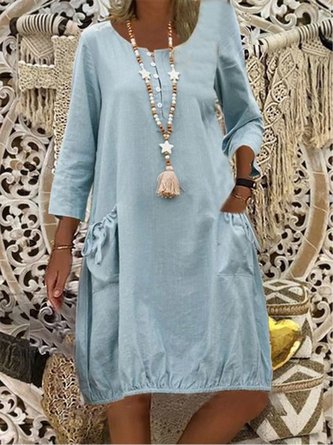 Vintage Boho Holiday 3/4 Sleeve Plain Shift Weaving Dress