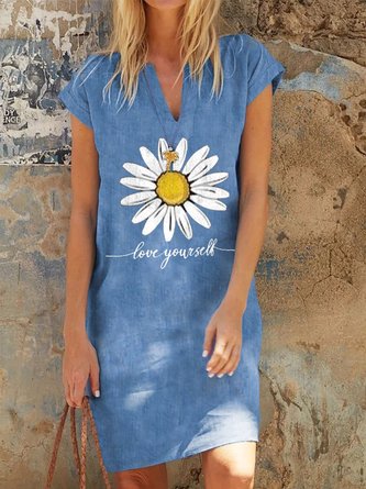 Short Sleeve Denim Floral-Print Floral Dress