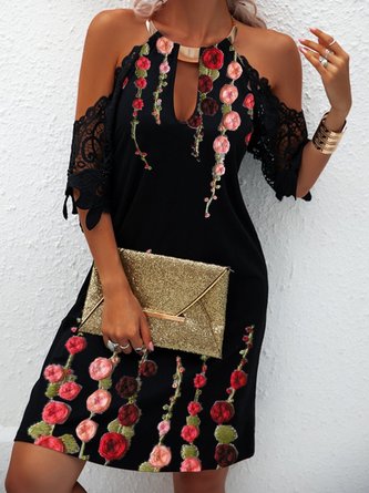 Floral  Short Sleeve  Printed  Cotton-blend  Off Shoulder Cold Shoulder Halter  Sexy  Summer  Black Dress