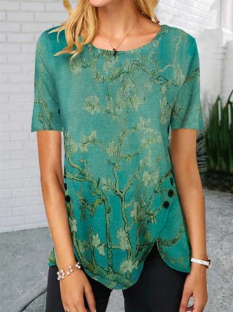 Floral-Print Polyester Cotton Short Sleeve T-shirt