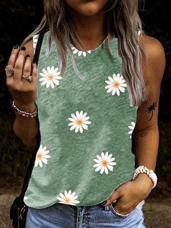 Crew Neck Sleeveless Floral-Print Casual Tops