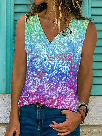 Paisley  Sleeveless  Printed  Cotton-blend  V neck Vintage Summer  Multicolor Top