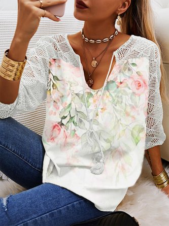 Floral Half Sleeve  Printed  Cotton-blend  V neck Casual Summer White Top