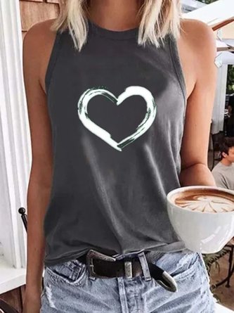 Vintage Sleeveless Love Heart Printed Crew Neck Plus Size Casual Vest Tops