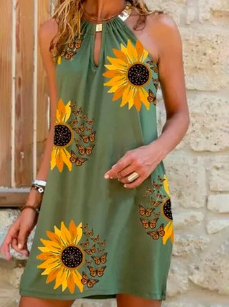 Sleeveless Floral-Print Weaving Dress Off-Shoulder