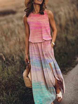Printed Sleeveless Crew Neck Resort Cotton-Blend Knitting Dress