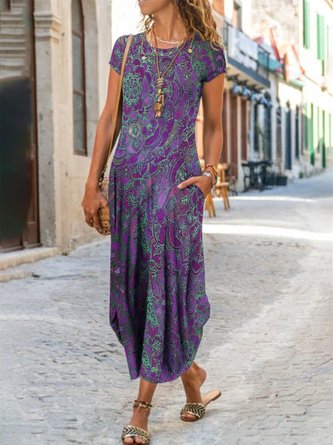 Women's Casual A-Line Short Sleeve Ombre/tie-Dye Knitting Dress