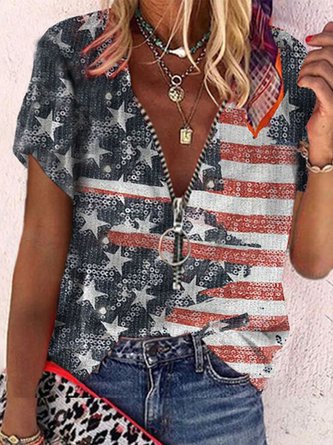 Summer Casual America Flag V neck No Elasticity Holiday Short sleeve Loose Independence Day Top for Women