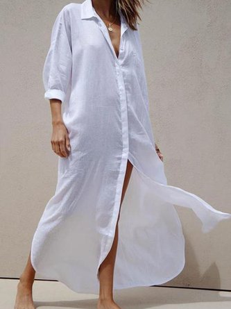 Solid Cotton-Blend Shift 3/4 Sleeve Shirt Collar Weaving Dress