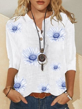 Floral Half Sleeve Printed  Cotton-blend  V neck Vintage Summer  White Top