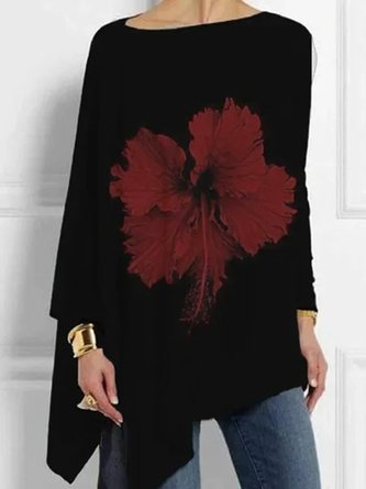 Black Leaves Printed Casual Long Sleeve Asymmetric Crew Neck Tunic Top