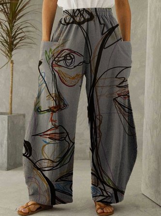 Abstract Print Vintage Wige Leg Baggy Pant With Pockets