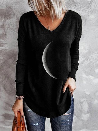 Black Moon Printed V Neck Casual Long Sleeve Shift Tunic Top