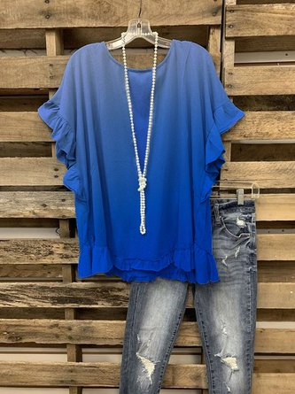 Blue Ombre/Tie-Dye Printed Ruffled Short Sleeve Shift Top