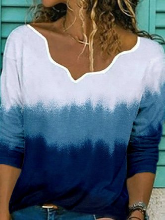 Blue V Neck Ombre/Tie-Dye Printed Casual Long Sleeve Shift Tops