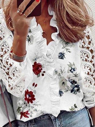 White Floral Printed Lace Paneled 3/4 Sleeve Casual Shift Blouse