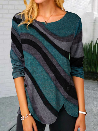 Cotton-Blend Crew Neck Casual Long Sleeve Tops