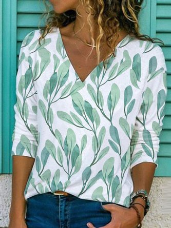 Green Leaves Printed Casual V Neck Long Sleeve Shift Tops