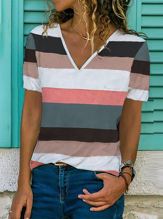 Plus size Striped Casual V Neck Shirts & Tops